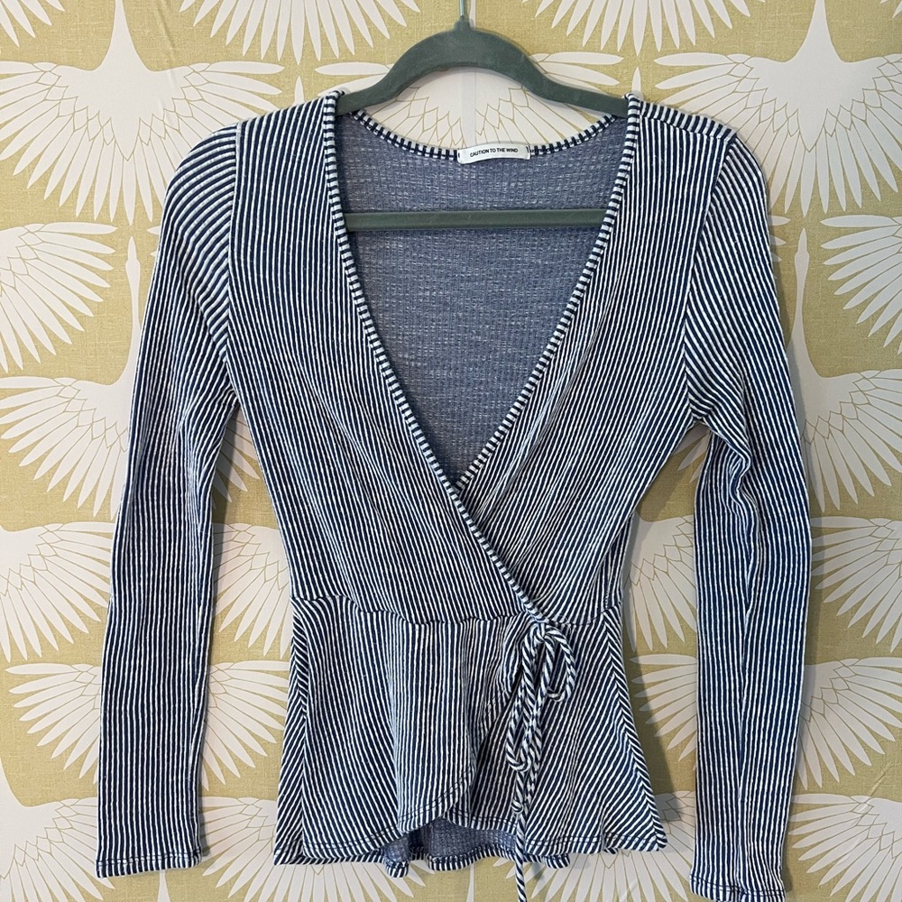 Long Sleeved Woman’s Blue and White Striped Tie Shirt